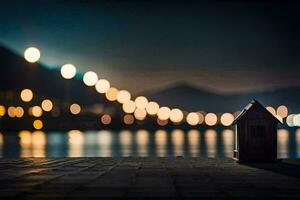 une petit maison est assis sur le bord de une Dock à nuit. généré par ai photo