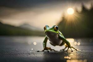 une grenouille est permanent sur le sol dans de face de le Soleil. généré par ai photo