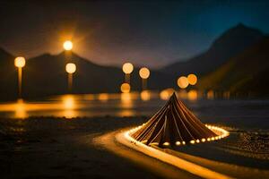 une en bois structure est séance sur le le sable avec lumières. généré par ai photo