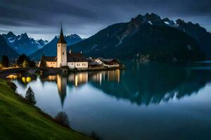 une église est assis sur le rive de une Lac à nuit. généré par ai photo