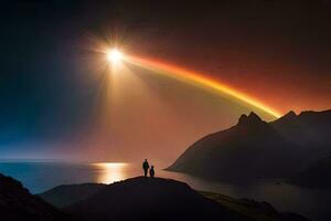 une homme et femme supporter sur une Montagne surplombant une arc-en-ciel. généré par ai photo