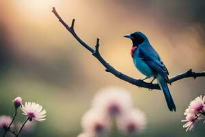 une bleu oiseau est assis sur une branche avec rose fleurs. généré par ai photo