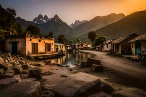 une petit village dans le montagnes à le coucher du soleil. généré par ai photo