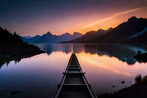 une longue en bois jetée pistes dans le l'eau à le coucher du soleil. généré par ai photo