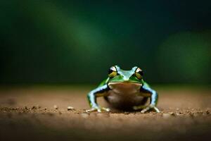 une grenouille séance sur le sol avec une vert Contexte. généré par ai photo