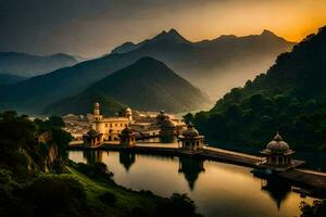 le Soleil ensembles plus de une Lac et une palais dans Inde. généré par ai photo