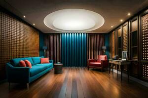 une vivant pièce avec bleu canapés et en bois des murs. généré par ai photo