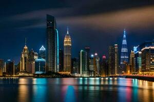 le ville horizon à nuit dans Dubai. généré par ai photo