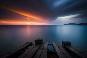 une en bois Dock dans le océan avec une le coucher du soleil. généré par ai photo