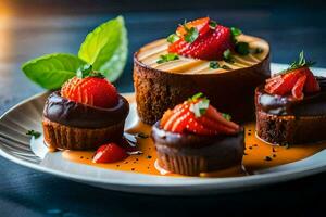 une assiette avec Chocolat gâteau, des fraises et Chocolat sauce. généré par ai photo