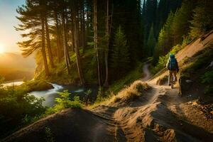 une promeneur des promenades le long de une Piste dans le forêt à le coucher du soleil. généré par ai photo