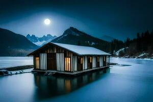 une cabine dans le neige à nuit avec une plein lune. généré par ai photo