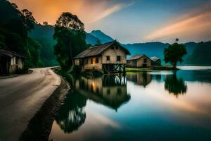 une maison sur le l'eau à le coucher du soleil. généré par ai photo