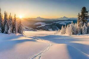 neige couvert des arbres et montagnes à le coucher du soleil. généré par ai photo