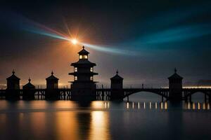 une pont plus de l'eau avec une phare dans le Contexte. généré par ai photo