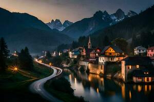 photo fond d'écran le ciel, montagnes, rivière, route, Maisons, ville, nuit, montagne,. généré par ai