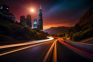 une paysage urbain avec lumières et voitures sur le route. généré par ai photo