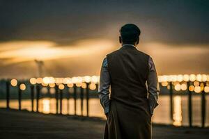 une homme dans une costume des stands par le l'eau à le coucher du soleil. généré par ai photo