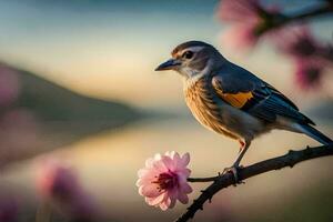 une oiseau est assis sur une branche avec fleurs dans le Contexte. généré par ai photo