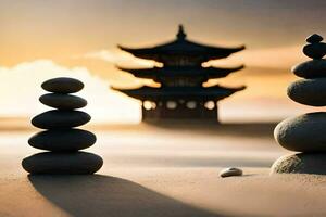 pierre piles dans le le sable avec une pagode dans le Contexte. généré par ai photo