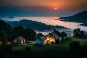 photo fond d'écran le ciel, montagnes, brouillard, le mer, le soleil, le mer, le. généré par ai