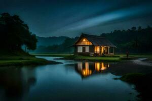 le maison par le rivière. généré par ai photo