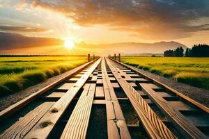 une chemin de fer Piste de premier plan à le Soleil. généré par ai photo