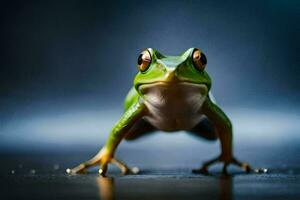 une grenouille est permanent sur ses de derrière jambes. généré par ai photo