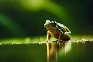 une grenouille séance sur le l'eau surface avec une vert Contexte. généré par ai photo