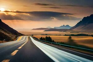 une longue route avec une le coucher du soleil dans le Contexte. généré par ai photo