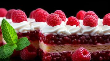 Haut vue de Frais framboise tranche sur sucré gâteau. ai généré. photo