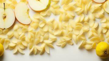 tranche Frais Pomme dans mince feuilles Contexte sur blanc Contexte. ai généré. photo