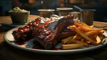 soumissionner et enfumé travers de porc badigeonné dans barbecue sauce avec une côté de frites. ai génératif photo