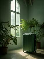 éditorial photo de une vert valise ensemble contre blanc toile de fond, encadré par luxuriant vert les plantes. parfait mélanger de Voyage et nature, capturer le essence de moderne, éco-responsable aventures. ai génératif