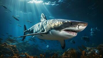génial blanc requin nager dans le Profond bleu océan. ai génératif photo