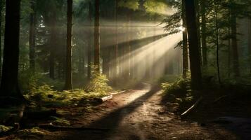 une paisible forêt clairière avec rayons de soleil brillant à travers. ai génératif photo