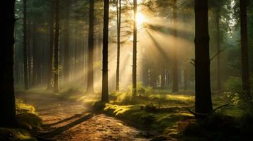 une paisible forêt clairière avec rayons de soleil brillant à travers. ai génératif photo