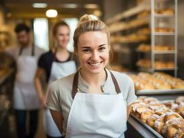 ai généré souriant boulanger femme permanent avec Frais pain à boulangerie. satisfait boulanger avec pains dans Contexte. copie espace photo