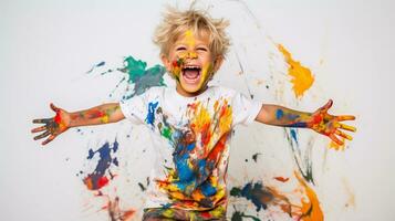 ai généré mignonne peu garçon en riant ensemble et ayant amusement avec des peintures. peint dans peau mains. enfant portrait. Créatif concept. proche en haut photo