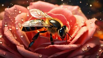 ai généré micro la photographie de une abeille sur une rose Rose pétale avec l'eau gouttelettes photo