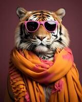 ai généré proche en haut photo de tigre avec foulard. copie espace.