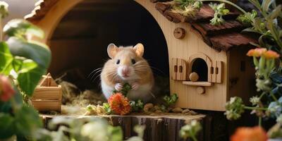 une mignonne hamster dans miniature bois loger, ai génératif photo