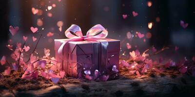 la magie lumière brille de ouvert rose cadeau boîte, ai génératif photo
