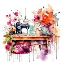 aquarelle illustration. cuisine composition couture machine avec fleurs, couture thème.ai généré photo