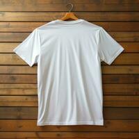 une vue de retour luxueux plaine blanc surdimensionné T-shirt maquette avec une cintre pendaison sur une en bois arrière-plan, ai génératif photo