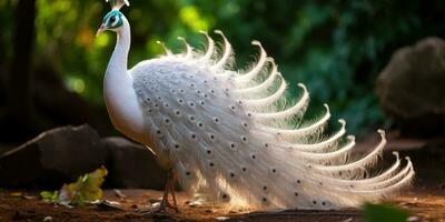 une magnifique blanc paon montrant de ses magnifique plumes, ai génératif photo