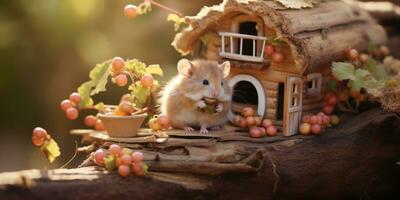 une mignonne hamster dans miniature bois loger, ai génératif photo