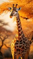 une majestueux girafe permanent grand contre le toile de fond de le africain savane, ai génératif photo