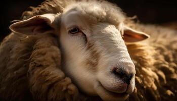 duveteux laine, innocent yeux, pâturage dans Prairie généré par ai photo