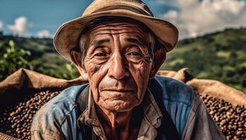 Sénior agriculteur dans rural montagnes récolte cultures généré par ai photo